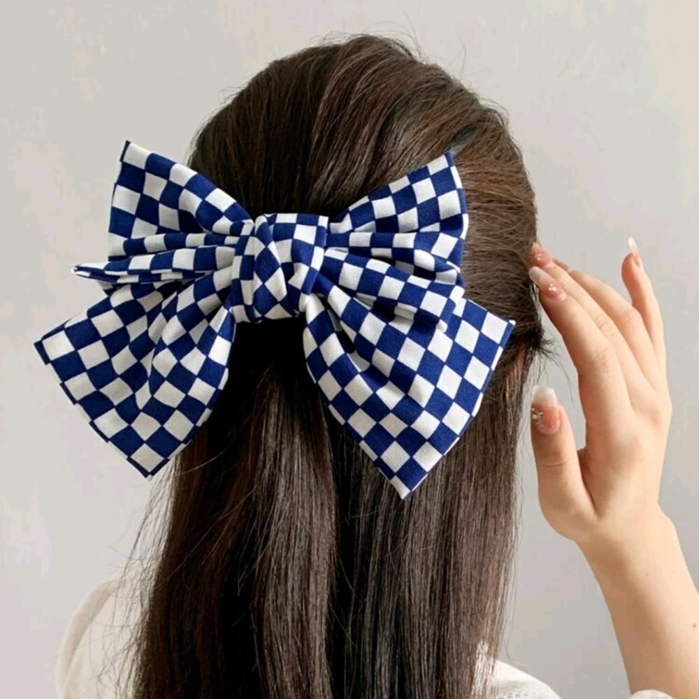 Blue Checkered Bow Barrette - Picture 6 of 6
